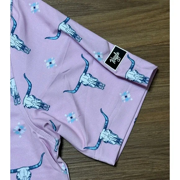Waggle Highlands Golf Performance Polo Steer Skull AOP Shirt Pink Men's Sz M - Picture 3 of 8